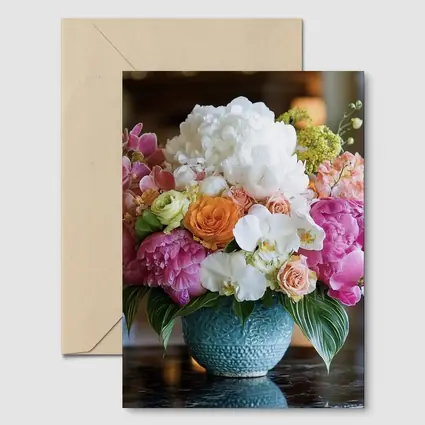 Pink Peonies Roses Orchids Blue Vase Arrangement