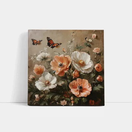 Peach White Poppies Butterflies Oil Painting