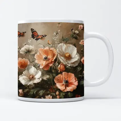 Peach White Poppies Butterflies Oil Painting