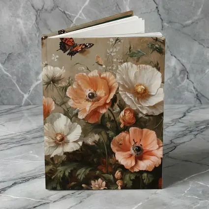 Peach White Poppies Butterflies Oil Painting