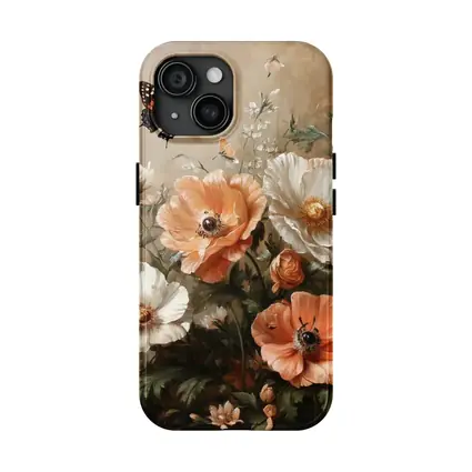 Peach White Poppies Butterflies Oil Painting