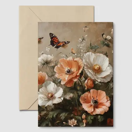 Peach White Poppies Butterflies Oil Painting