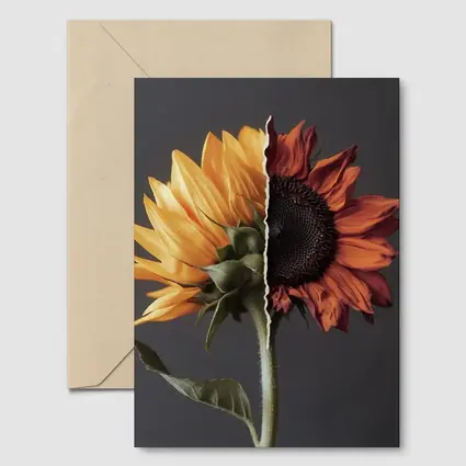 Split Sunflower Fresh And Dried Gray Background