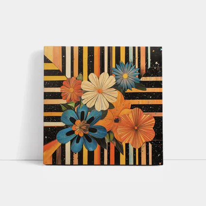 Retro Floral Bouquet Bold Striped Black Background
