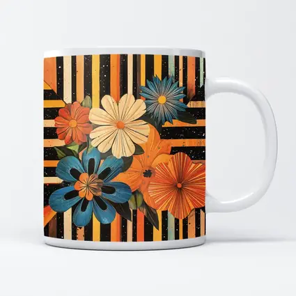 Retro Floral Bouquet Bold Striped Black Background