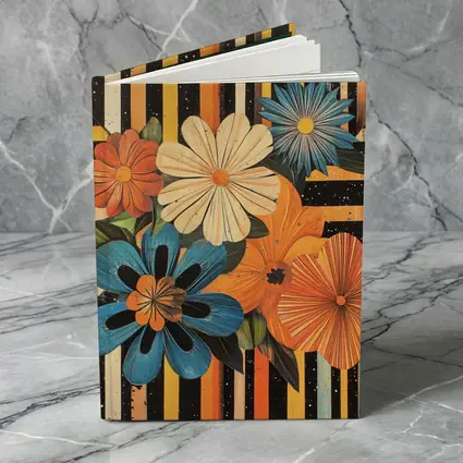 Retro Floral Bouquet Bold Striped Black Background