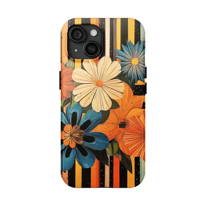 Retro Floral Bouquet Bold Striped Black Background