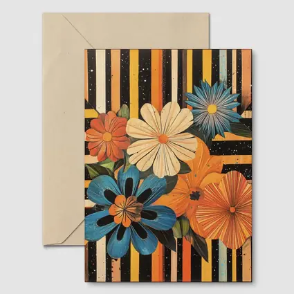Retro Floral Bouquet Bold Striped Black Background