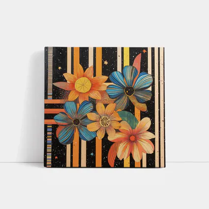 Retro Floral Art Bold Striped Black Background