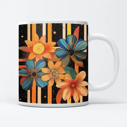 Retro Floral Art Bold Striped Black Background