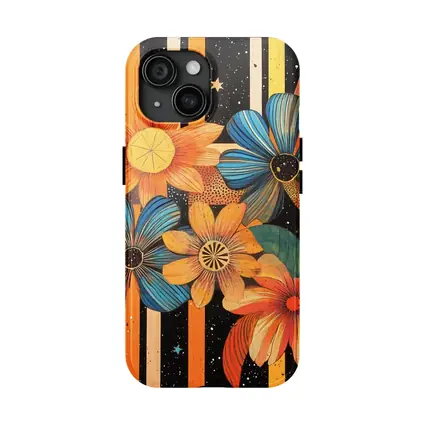 Retro Floral Art Bold Striped Black Background