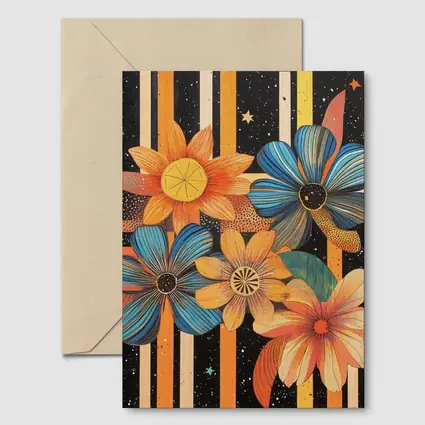 Retro Floral Art Bold Striped Black Background