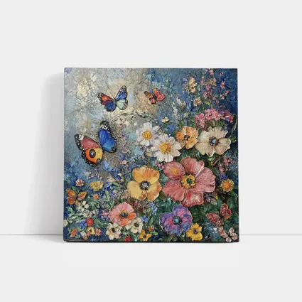 Colorful Flowers and Butterflies Blue Background