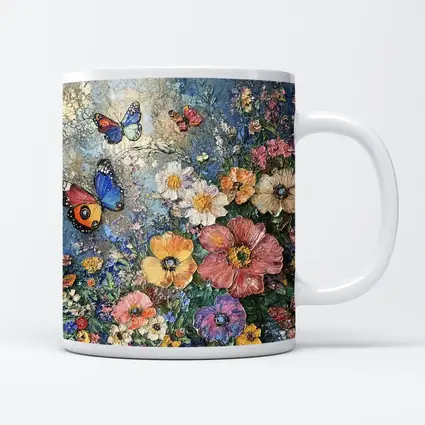Colorful Flowers and Butterflies Blue Background