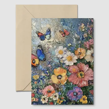 Colorful Flowers and Butterflies Blue Background
