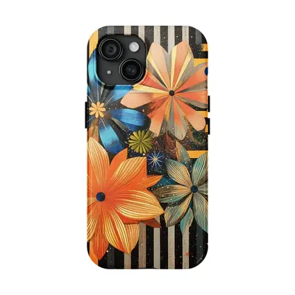 Retro Floral Art On Striped Dark Background