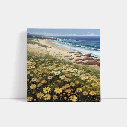Daisy Field By Rocky Coastal Beach