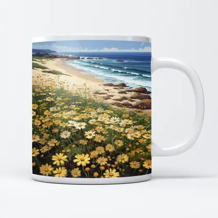 Daisy Field By Rocky Coastal Beach
