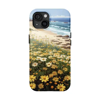 Daisy Field By Rocky Coastal Beach