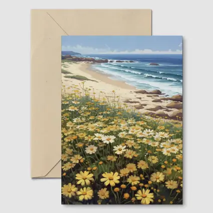 Daisy Field By Rocky Coastal Beach