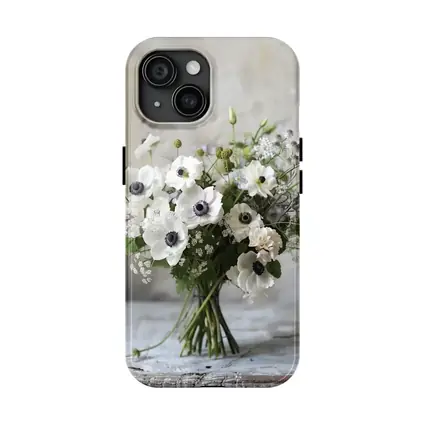 White Anemone Bouquet Rustic Stone Background