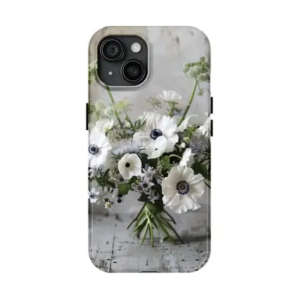 White Anemone Bouquet on Rustic Wood