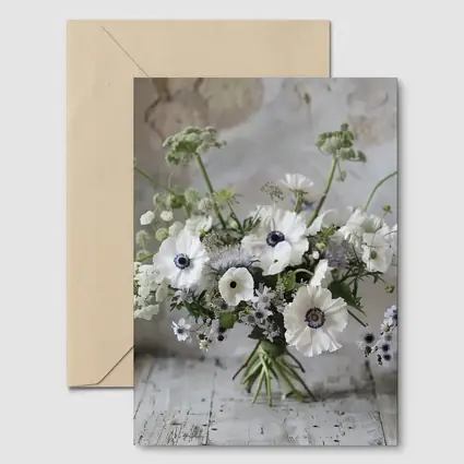 White Anemone Bouquet on Rustic Wood
