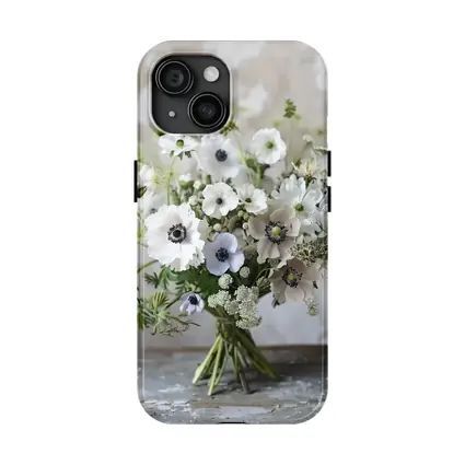 White Anemone Bouquet Rustic Stone Background