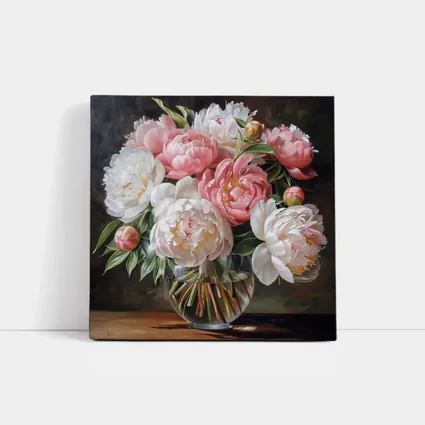 Pink White Peonies Bouquet Glass Vase
