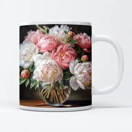 Pink White Peonies Bouquet Glass Vase