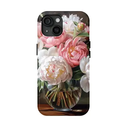 Pink White Peonies Bouquet Glass Vase