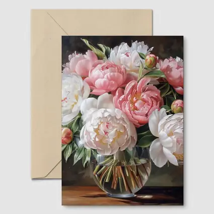 Pink White Peonies Bouquet Glass Vase