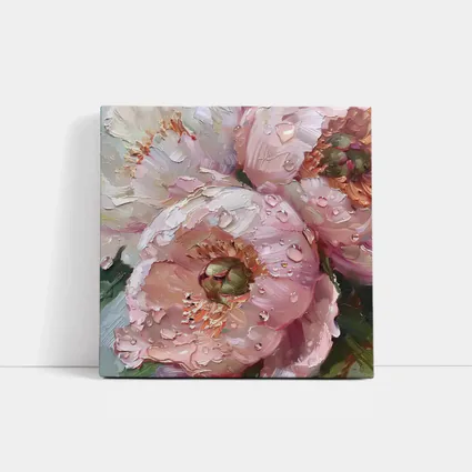 Pink Peonies Oil Painting With Water Drops