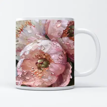 Pink Peonies Oil Painting With Water Drops