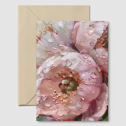 Pink Peonies Oil Painting With Water Drops