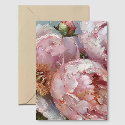 Pink Peonies Oil Painting With Water Drops