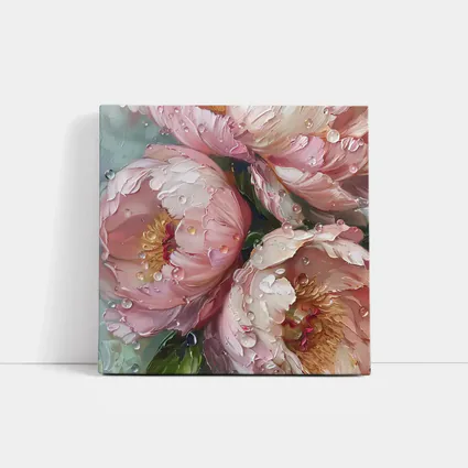 Pink Peonies Oil Painting With Water Drops