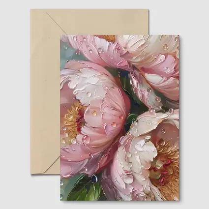 Pink Peonies Oil Painting With Water Drops