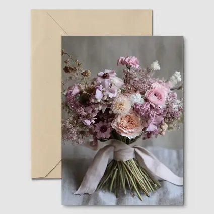 Pink Rose Ranunculus Wildflower Bouquet Ribbon