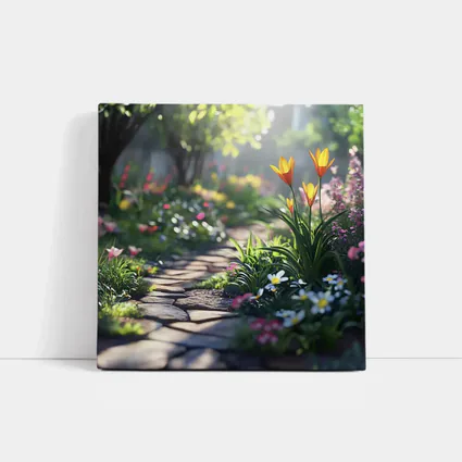 Sunny Garden Path Tulips Daisies Spring