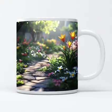 Sunny Garden Path Tulips Daisies Spring