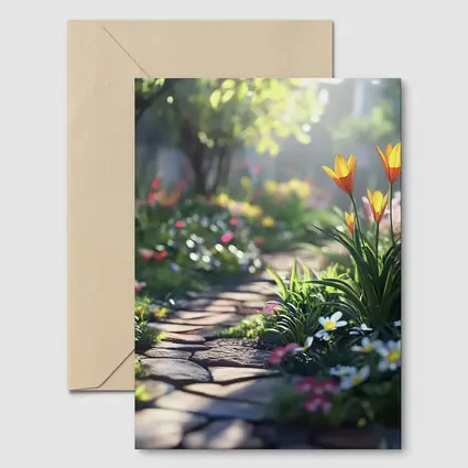 Sunny Garden Path Tulips Daisies Spring