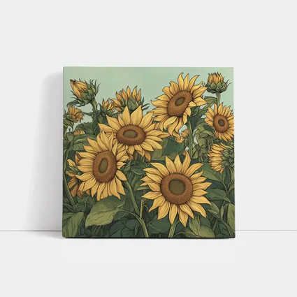 Sunflower Field Illustration Green Sky Background