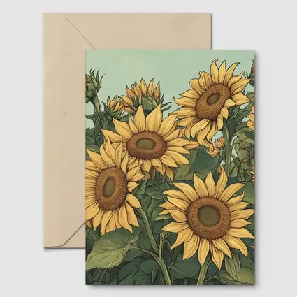 Sunflower Field Illustration Green Sky Background