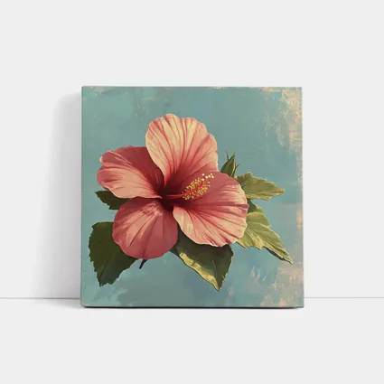 Pink Hibiscus Flower Vintage Teal Background