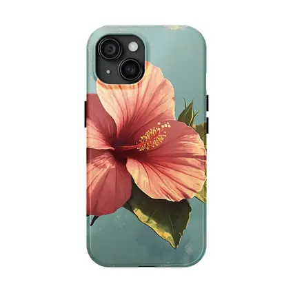 Pink Hibiscus Flower Vintage Teal Background