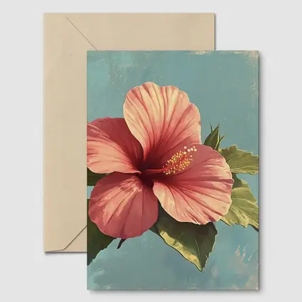 Pink Hibiscus Flower Vintage Teal Background