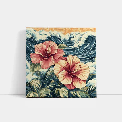 Hibiscus Flowers Ocean Waves Japanese Art Style