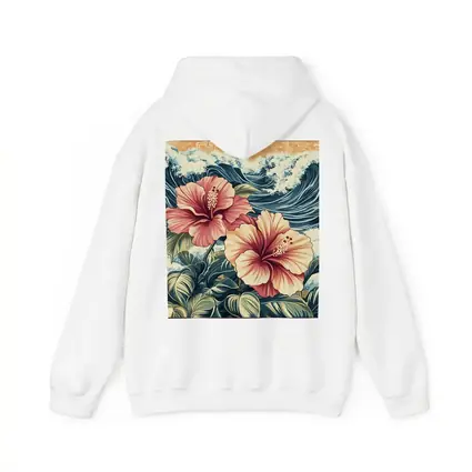 Hibiscus Flowers Ocean Waves Japanese Art Style