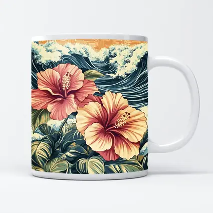 Hibiscus Flowers Ocean Waves Japanese Art Style